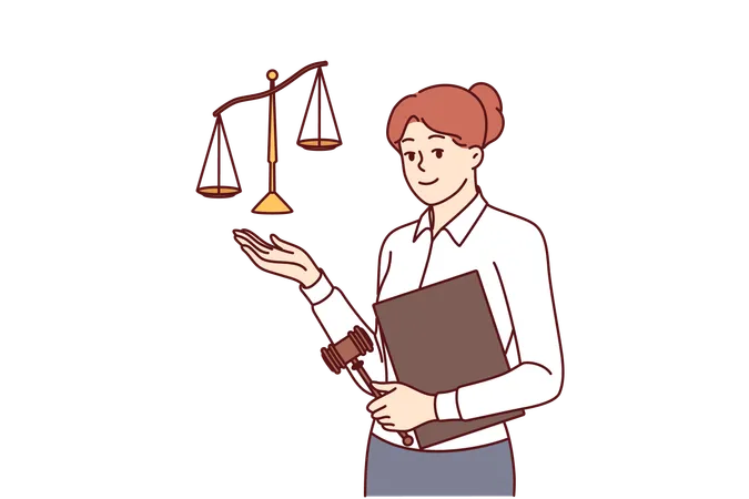Woman Lawyer Working In Law Office Holds Gavel And Scales Symbolizing Justice Or Jurisprudence Young Girl Lawyer Offers To Use Services For Solving Legal Problems And Patent Disputes イラスト