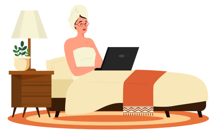 Woman laying on bad with laptop  Illustration