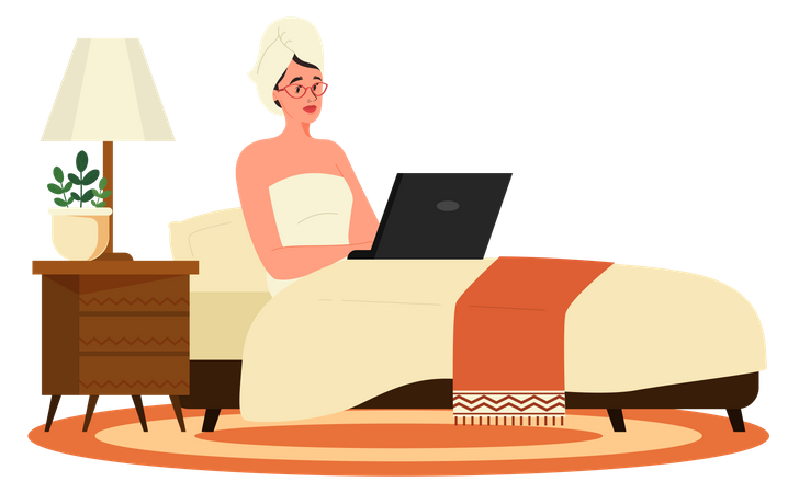 Woman laying on bad with laptop  Illustration