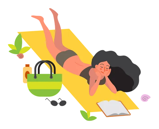 Summer Vacation Activities Concept Woman Laying On Beach Towel Relaxing And Reading A Book Woman On Summer Holiday And Vacation Vector Illustration In Cartoon Style Illustration