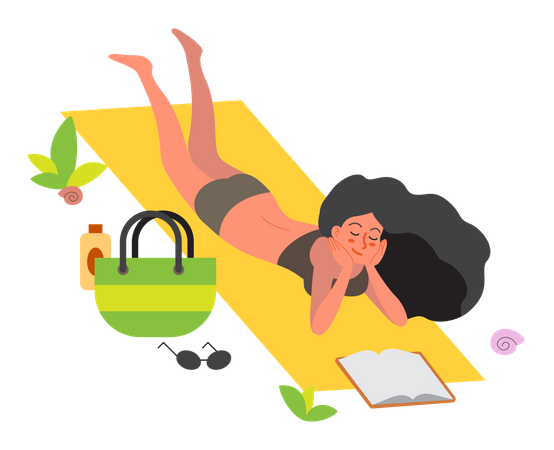 Woman laying on beach and reading book  Illustration