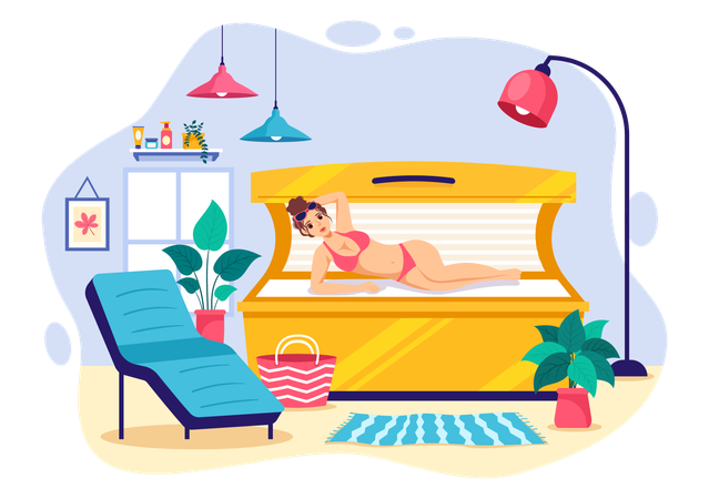 Woman laying on bed at  at Spa Solarium  Illustration