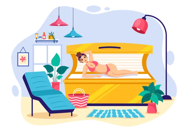 Woman laying on bed at  at Spa Solarium  Illustration