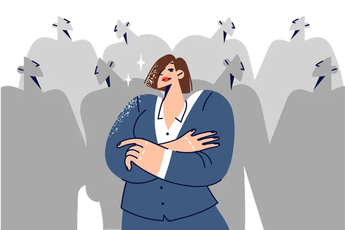Woman Leader Feels Confident And Crosses Arms In Front Of Chest Standing Near Crowd Of Faceless People Businesswoman Leader Is Ready To Take Position On Board Of Directors For Personnel Management Illustration
