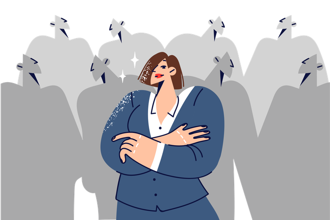 Woman leader feels confident and crosses arms in front chest and standing near crowd of faceless people  Illustration