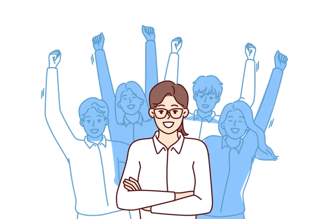 Woman Leader Standing With Arms Crossed Near Team Located Behind And Making Victorious Wave Of Hands Businesswoman Leader Or Company Manager Posing For Advertising Banner Of Consulting Corporation Illustration