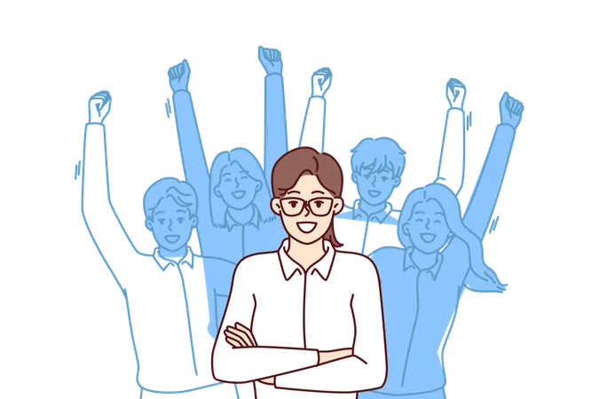 Woman leader standing with arms crossed near team located behind and making victorious wave of hands  Illustration