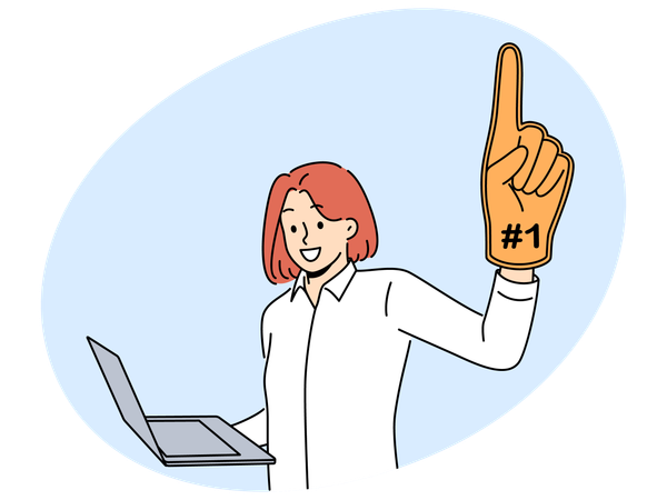 Woman leader with laptop and giant champion hand symbolizing success in internet career  Illustration