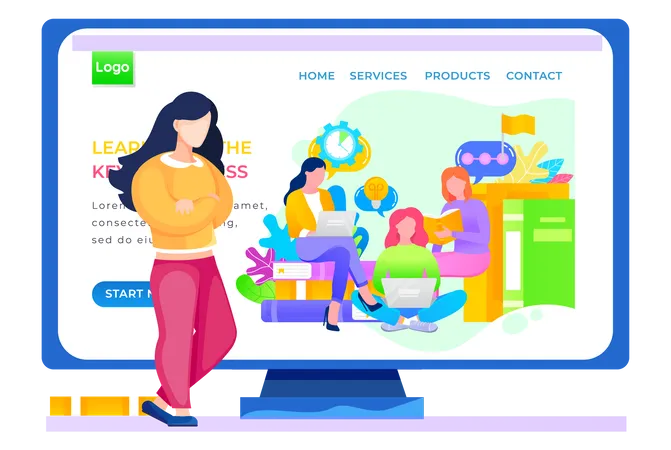 A Woman Leads A Video Blog Talks About How Studying Is The Way To Success Office Staff Meeting Application For Readers Internet Shop Website Layout Corporate Education For Company Employees Illustration