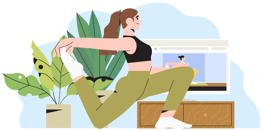 Woman leaning yoga watching video  Illustration