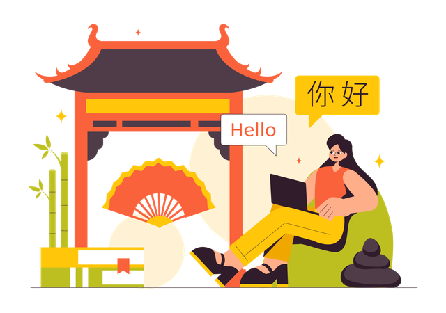 Woman Learn Chinese Language at Laptop  Illustration