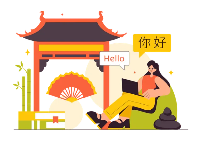 Woman Learn Chinese Language at Laptop  Illustration