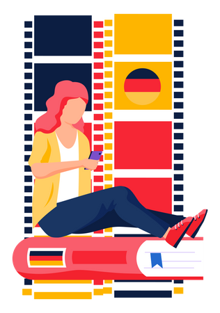Woman learn German language on phone  Illustration