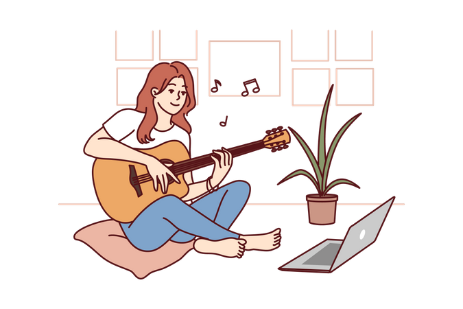Woman learn to play guitar by seeing video from laptop  Illustration
