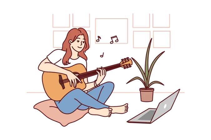 Woman learn to play guitar by seeing video from laptop  Illustration