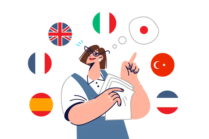 Woman Translator Calls For Learning Different Languages So That She Can Travel Around Countries While Standing Among National Flags Professional Translator Or Polyglot Trains Linguists Illustration