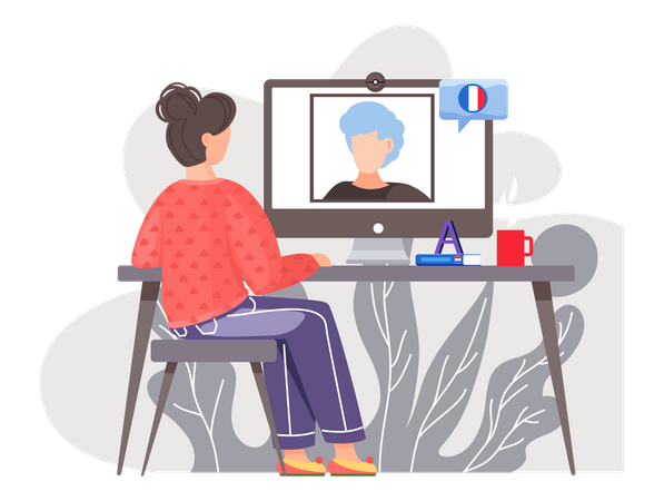 Woman learning french language online Illustration