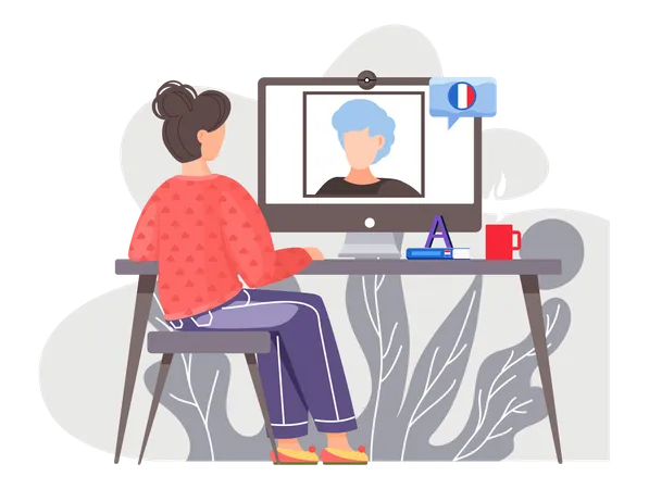 A Girl Sits In Front Of A Computer Monitor At Lesson In French With Native Speaker The Teacher On Screen Speaks French Foreign Language Lessons Via The Internet Online Learning With Frenchwoman Illustration