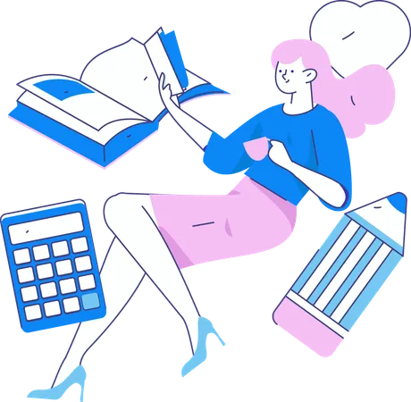 Woman learning from book during exam time  Illustration