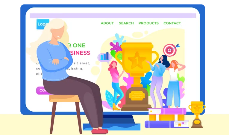Woman Business Coach Blogging Be Number One In Your Business Girls Showing Trophy Got For Winning First Place Trophy Or Award With Target And Arrow Website Or Webpage Template Landing Page Illustration