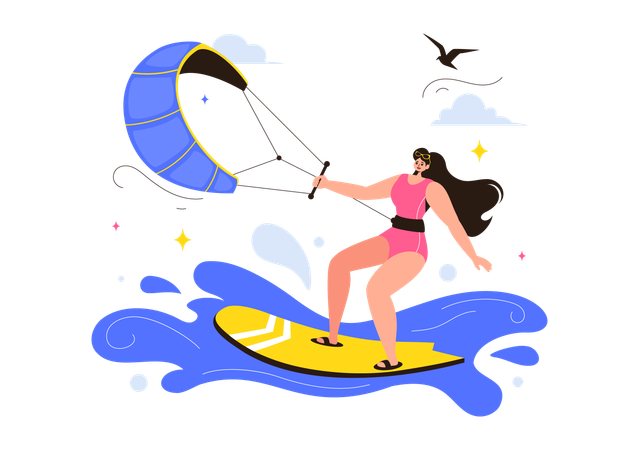 Woman Learning Kitesurfing  Illustration