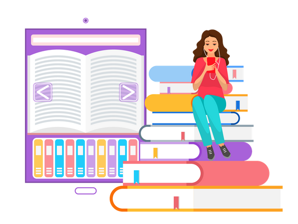 Woman learning literature online  Illustration