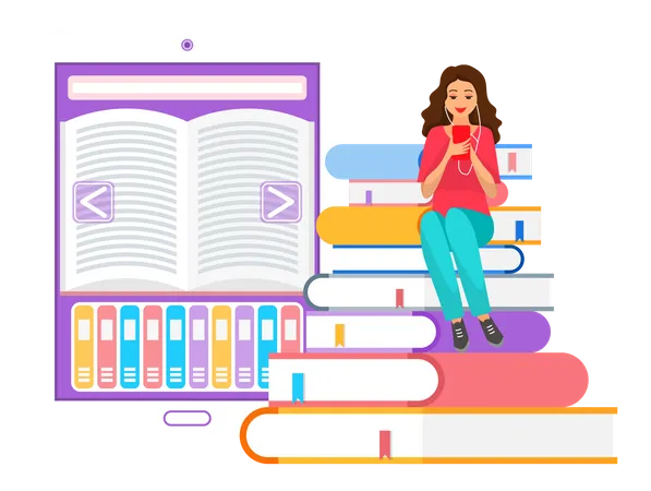 Woman learning literature online  Illustration