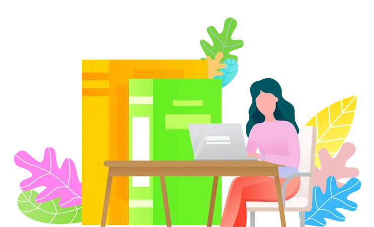 Woman Learning At Desk Big Books Ar Her Back And Lady Working At Computer Vector Illustration Of Student Searching Information In Internet Colorful Tree Plants And Bushes Cartoon Style Design Illustration