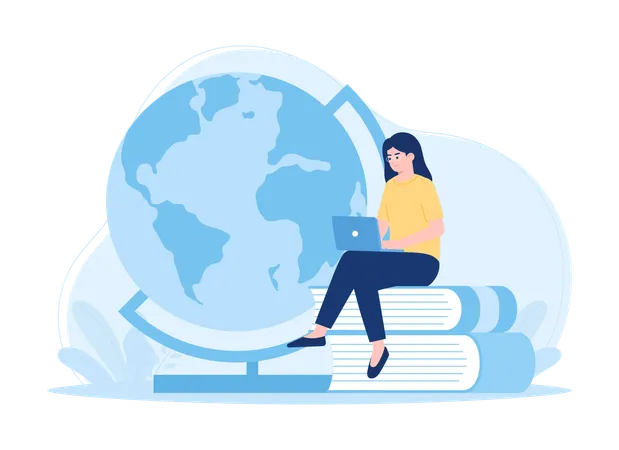 A Woman Sits With A Laptop And A Globe Trending Concept Flat Illustration Illustration