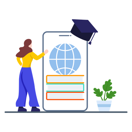 Woman learning online course using mobile  イラスト