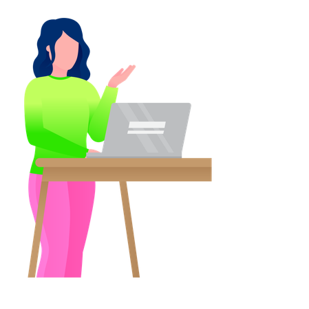 Woman Learning Online Researching Info in Laptop  Illustration