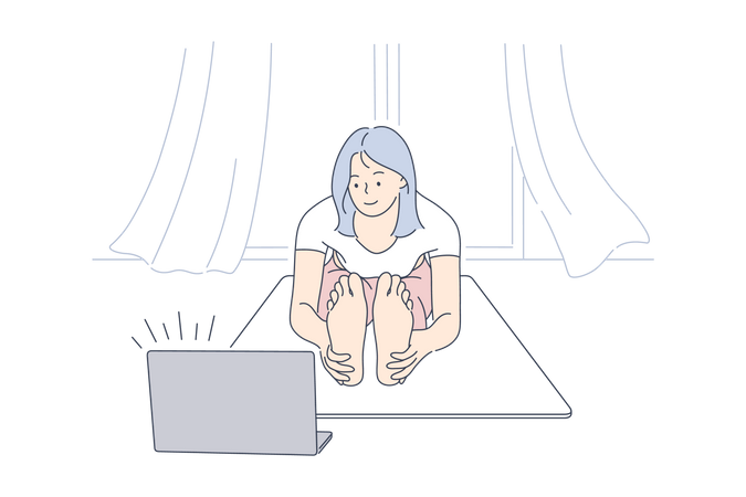 Woman learning yoga from online tutorial  Illustration