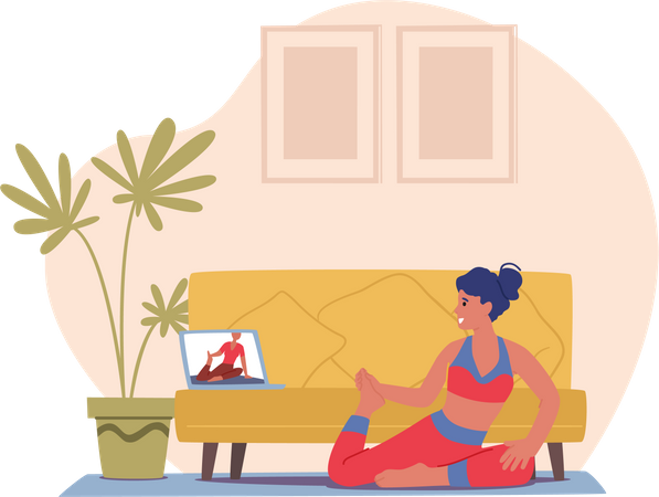 Woman learning yoga pose online  Illustration