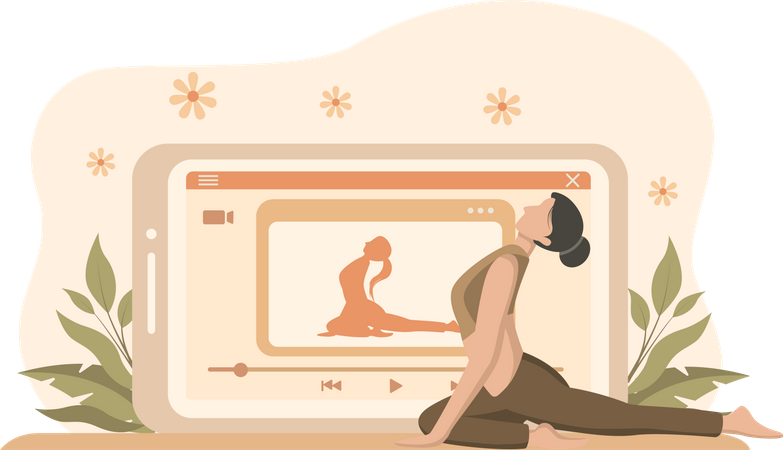 Woman learning yoga watching video on Mobile  Illustration