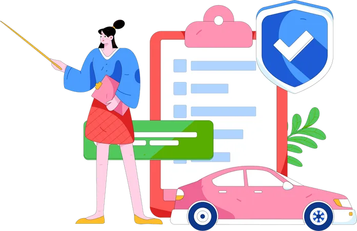 Woman learns about car insurance papers  Illustration