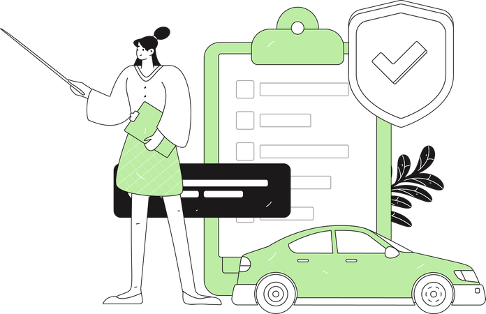 Woman learns about car insurance papers  Illustration