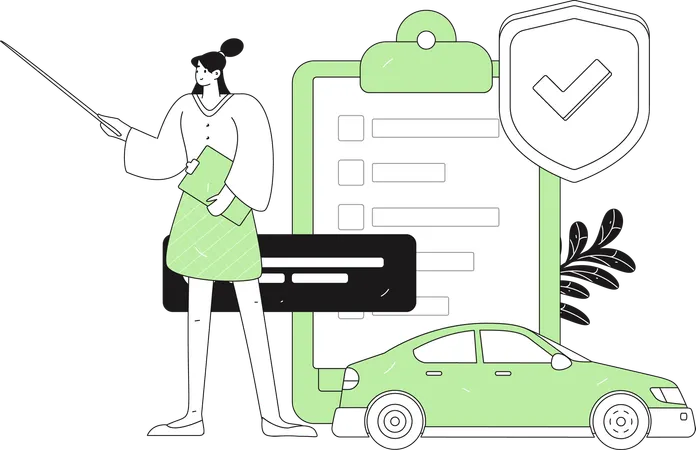 Woman learns about car insurance papers  Illustration