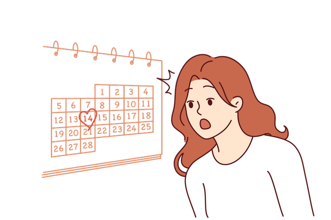 Woman learns about valentine day on february 14th and feels shocked standing near wall with calendar  Illustration