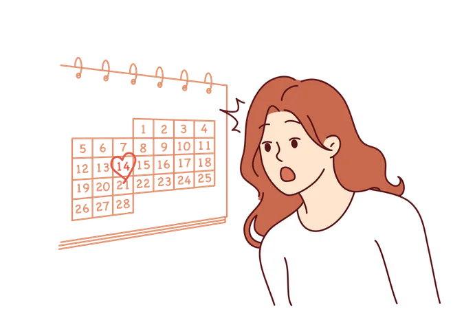 Woman learns about valentine day on february 14th and feels shocked standing near wall with calendar  イラスト