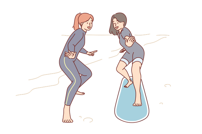Woman learns to surfer along with instructor  Illustration