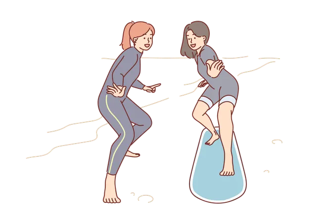 Woman Learns Surfer Along With Instructor Standing On Sandy Beach On Surfboard And Practicing To Take Right Posture Girl Wants Learn How Ride Surfboard During Summer Trip To Ocean Illustration