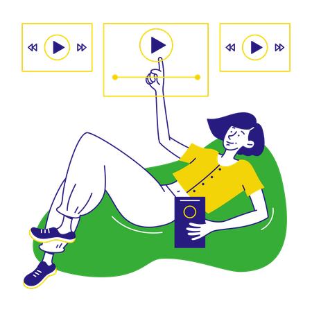 Woman lies down and chooses podcast  Illustration