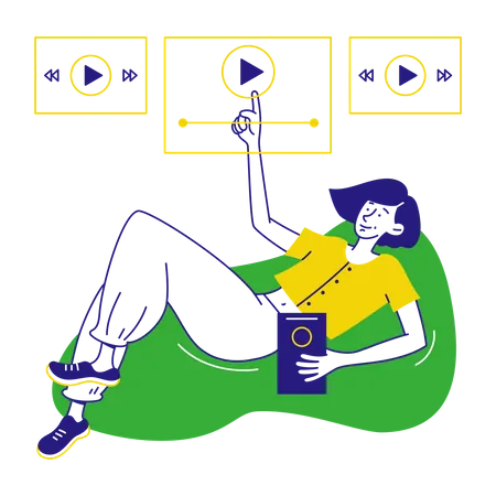 Woman lies down and chooses podcast  Illustration