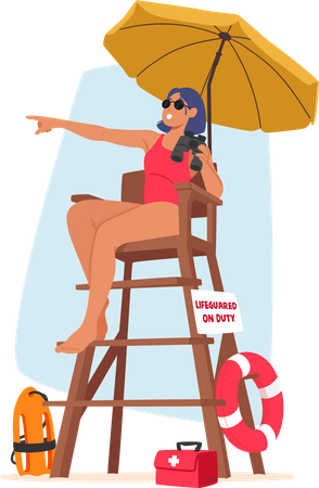 Woman Lifeguard With Binoculars On Tower  Illustration