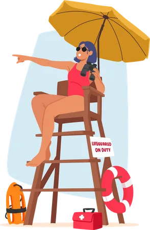 Vigilant Lifeguard Woman Character On Tower Equipped With Binoculars Ensures Safety And Scans The Surroundings For Potential Dangers At The Beach Or Pool Cartoon People Vector Illustration Illustration