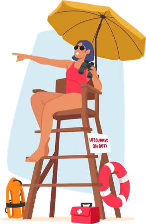 Woman Lifeguard With Binoculars On Tower  Illustration