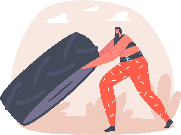 Woman Lifting Huge Tire  Illustration