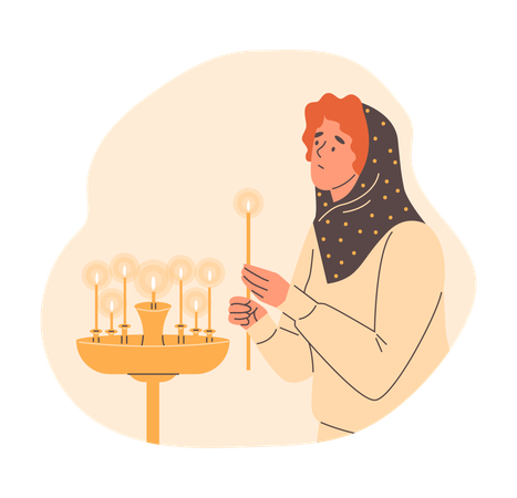Woman lighting candles in church  Illustration