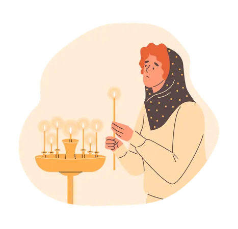 Woman lighting candles in church  Illustration