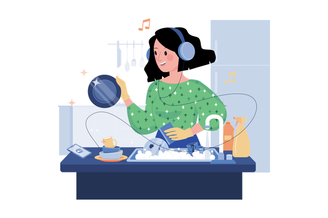 Woman listen to the podcast while washing dishes  Illustration